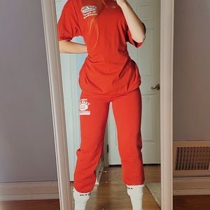 red sweatpants